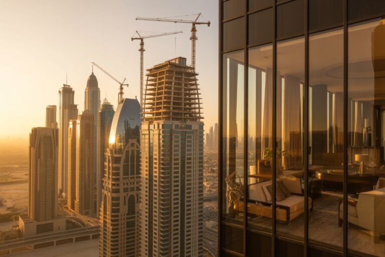 City skyline at sunset with high-rise buildings and construction cranes, viewed from a glass-walled apartment.0