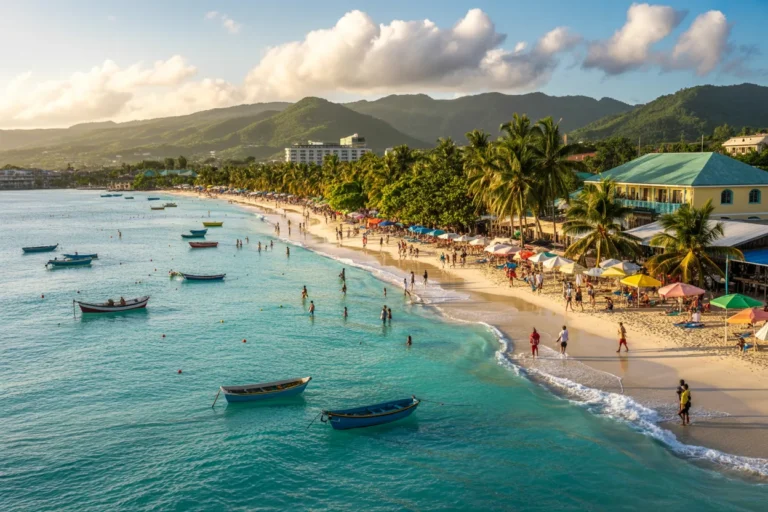 Busy tropical beach with turquoise water, colorful boats anchored near shore, and palm trees lining the sandy coast under a blue sky with clouds.