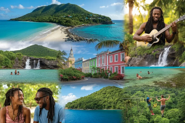 Collage of tropical island scenes: beaches, turquoise water, lush hills, a colorful town, a waterfall, a guitarist, and people ziplining and swimming.