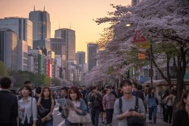 Crowded city street lined with blooming cherry trees at sunset; pedestrians walk along a busy boulevard with tall buildings in the background.