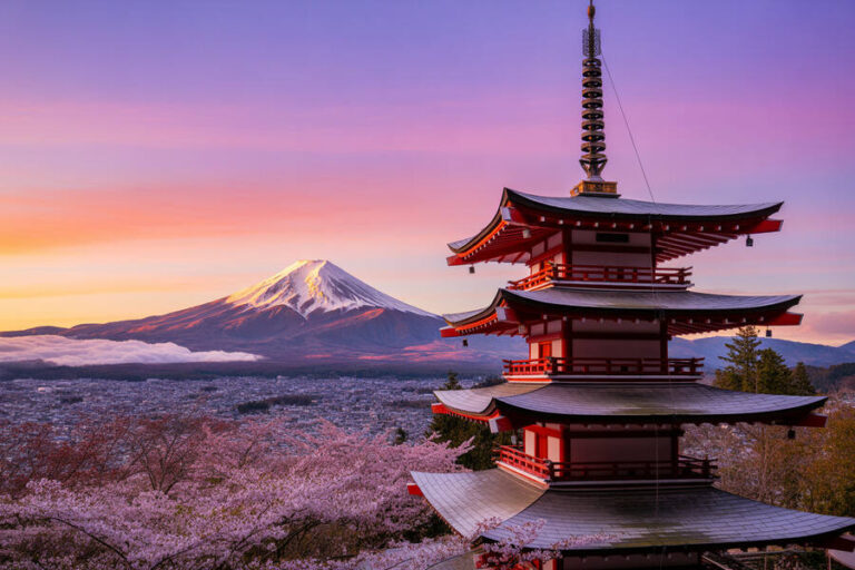 Red, multi-tiered pagoda in the foreground with Mount Fuji and cherry blossoms at sunset. It captures a tranquil Japan landscape.