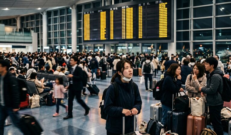 Crowded airport terminal with travelers waiting, luggage scattered, and a large yellow flight board overhead.