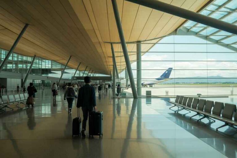 Passengers walk through a modern airport terminal with rolling suitcases, glass walls, and a plane on the tarmac outside.