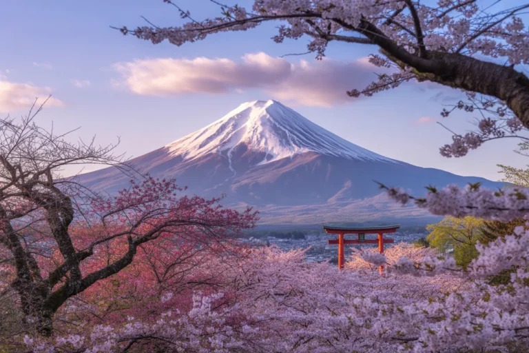 Snow-capped Mount Fuji looms over a valley framed by pink cherry blossoms and a red torii gate in the foreground.