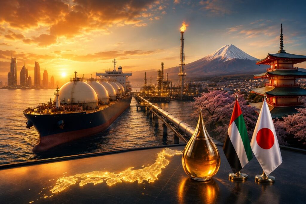 Oil tanker at a sunset port with Mt. Fuji, cherry blossoms, a pagoda, and Japanese and UAE flags nearby.