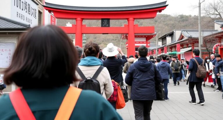 Crowd of visitors approaching a bright red torii gate at a Japanese shrine, with buildings in the background and a person taking a photo.",