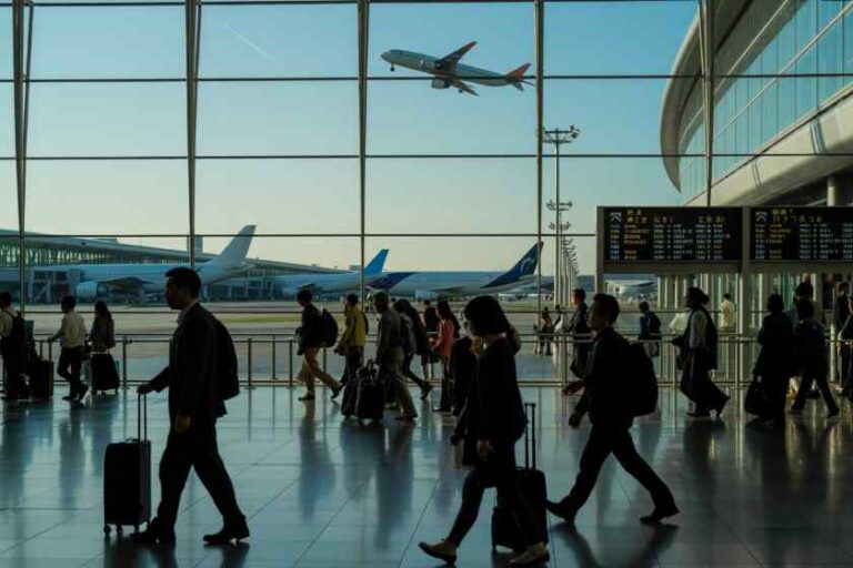 Busy airport terminal with travelers walking past luggage carts as planes taxi on the tarmac beyond large glass windows.