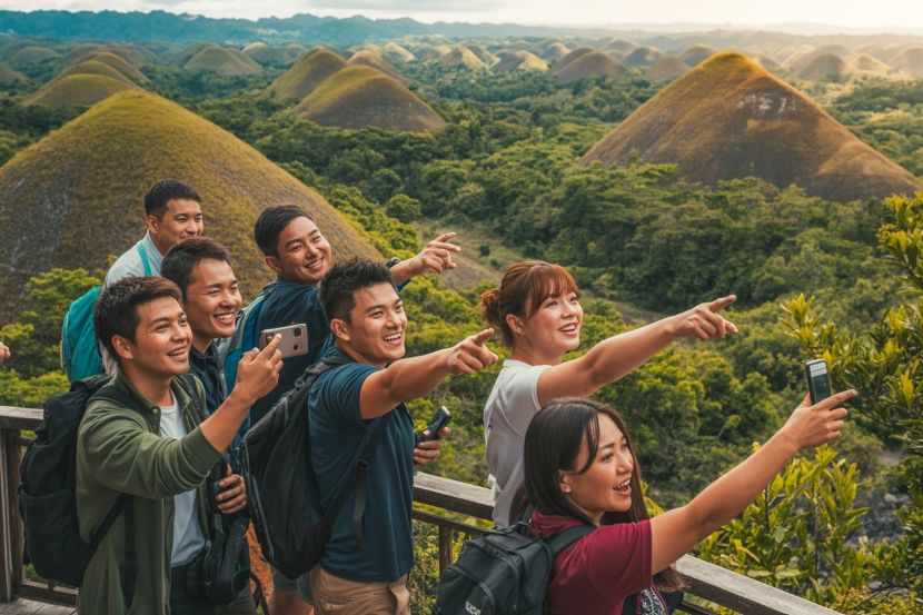 Group of friends taking a selfie on a viewpoint overlooking the Chocolate Hills in Bohol, Philippines, pointing at the scenery as they pose together
