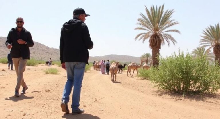Desert trail with people walking among camels, palm trees, and shrubs under bright sky.