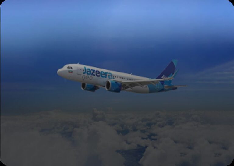 Commercial passenger jet in blue and white livery flying above the clouds with the airline name visible on the fuselage