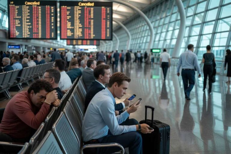 Busy airport terminal with passengers seated and looking at phones; large flight boards show many cancellations.