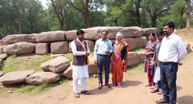 Group of six adults standing and chatting beside large stacked rocks in a sunny park.