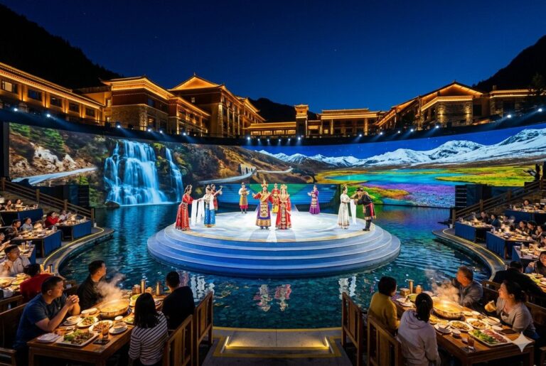 Dancers in colorful traditional outfits perform on a circular stage surrounded by a pool, with diners at tables around the water and a bright landscape backdrop.