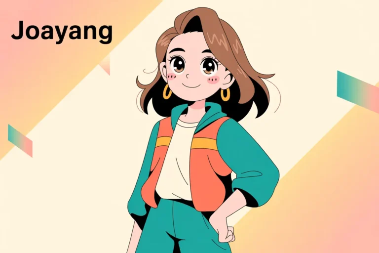 Cartoon-style woman with teal jacket and orange vest, smiling with hands on hips; 'Joayang' text in the top-left corner.