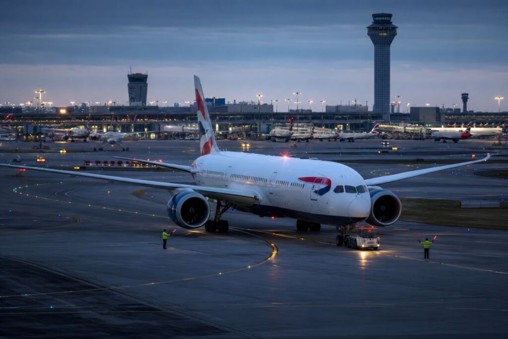 A British Airways airplane on the tarmac being guided by ground crew toward a gate at dusk.