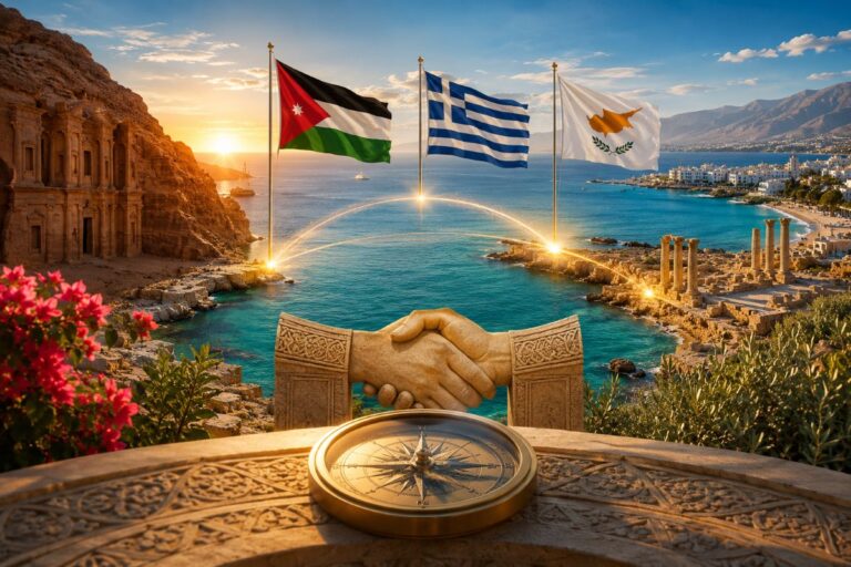 Sunset coastal scene with Jordan, Greece, and Cyprus flags, ancient ruins, and a stone handshake statue over a compass in the foreground.