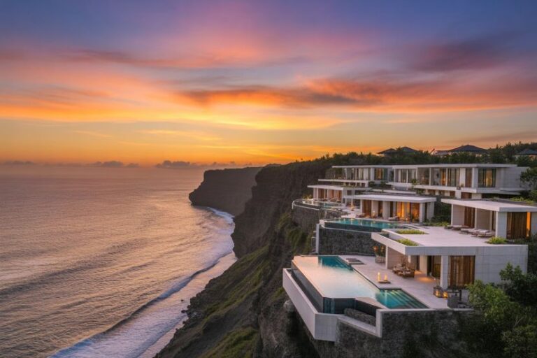 Cliffside luxury resort at sunset with terraces and an infinity pool overlooking the ocean.