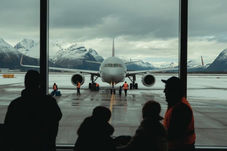Jet aircraft parked at gate on a snowy tarmac, seen through terminal windows with passengers in silhouette watching outside.