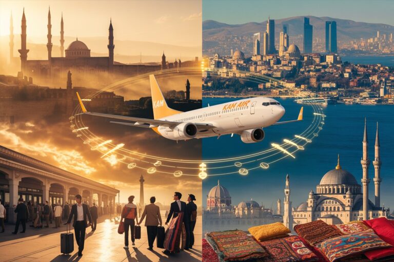 Travel collage: travelers at a station with a luggage, a KAM Air plane in flight, and iconic Istanbul mosques at sunset/blue hour beneath a circular light trail formation.