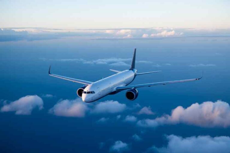 White passenger jet cruising above clouds in a clear blue sky—midflight scene with wings extended.