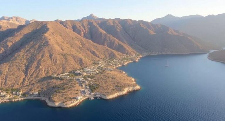 Aerial view of a coastal village at the base of brown mountains surrounding a calm blue bay with a lone sailboat on the water.