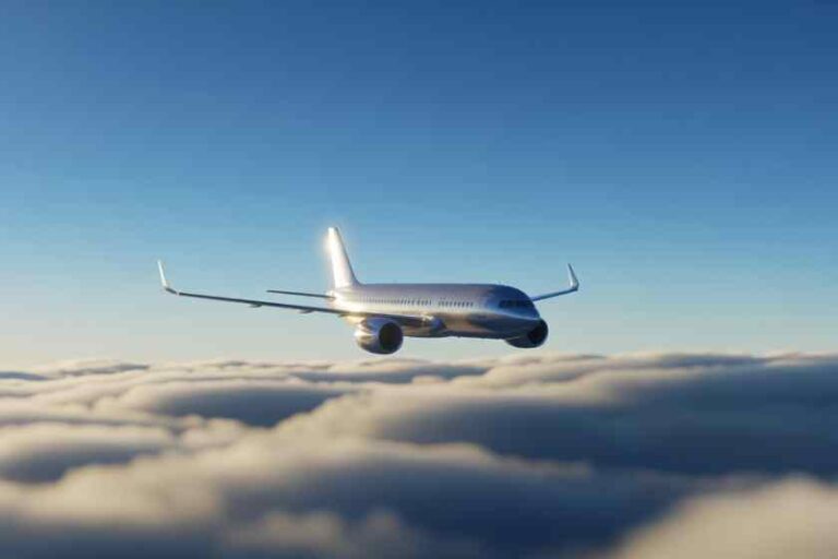 Commercial airplane cruising above the clouds on a clear blue day
