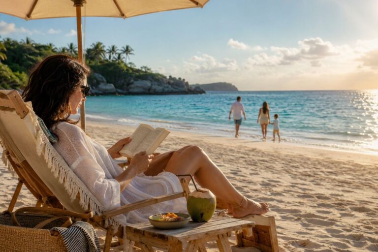 Woman relaxing on a beach chair under a umbrella, reading a book as the sea and distant family walk along the shore.