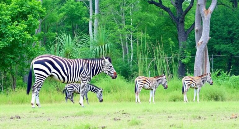 A zebra family grazing in a sunny green field with tall grasses and trees in the background.