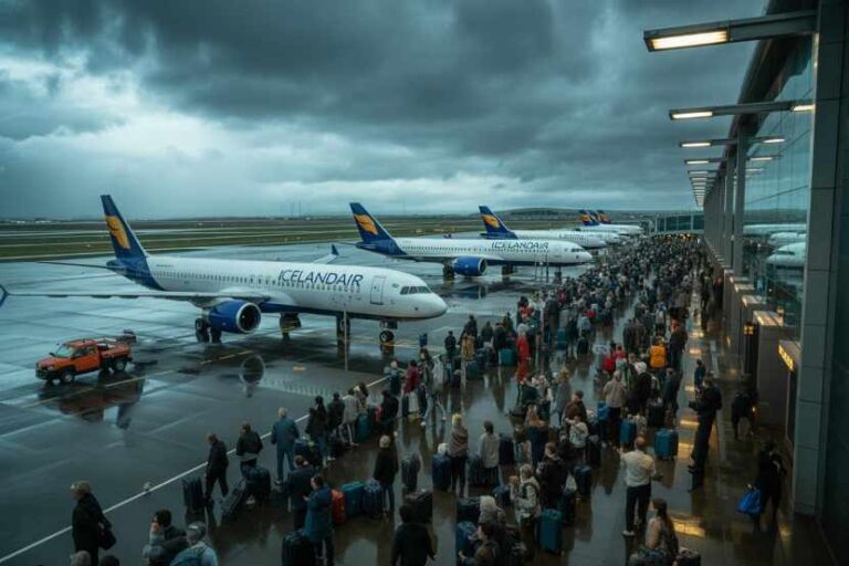 Crowded airport jet bridge area with Icelandair planes parked on a wet tarmac and passengers waiting with luggage.