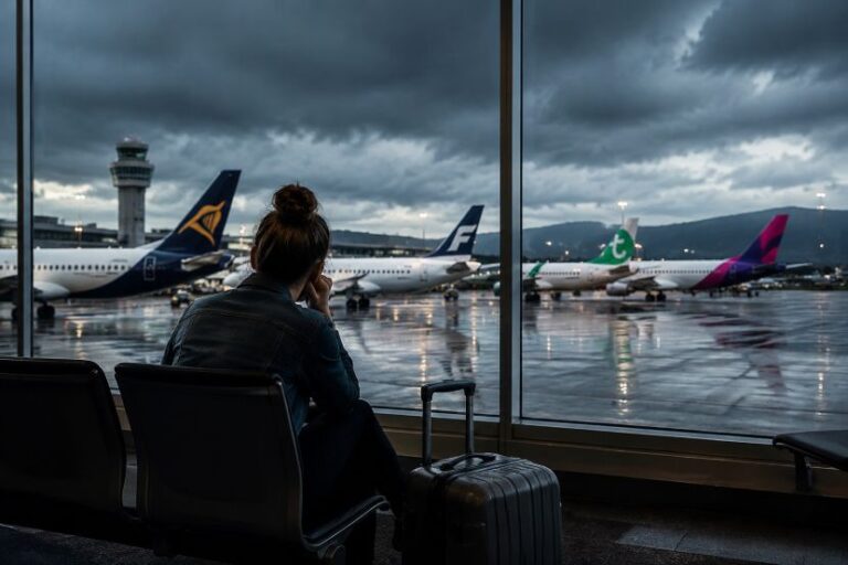 Traveler sits in a airport gate area, looking out at airplanes on a rain-soaked tarmac through large windows, suitcase at her feet.