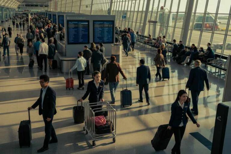 Busy airport terminal with travelers pulling wheeled suitcases under a glass ceiling and large windows.