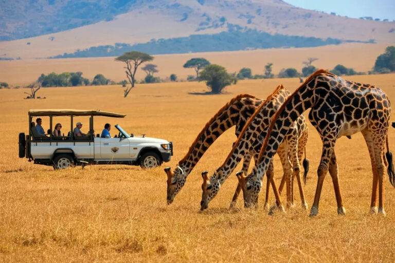 Open-top safari jeep with tourists watching a group of grazing giraffes in a dry savanna.