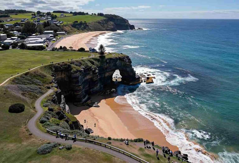 Winding coastal path along grassy cliffs leading to a sea-carved rock arch over a sandy beach and blue ocean.