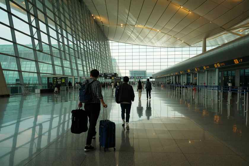 Travelers walking through a modern airport terminal with rolling suitcases under a glass wall ceiling.