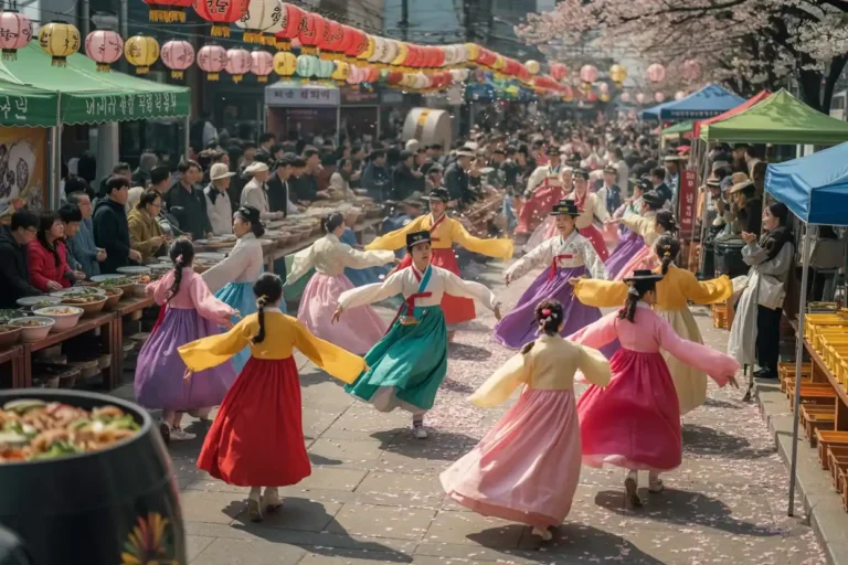 People in colorful hanbok dancing in a lantern-lit street market during a festival, with food stalls lining the sides and spectators watches the performance.