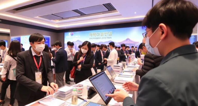 Conference booth at a busy expo: attendees wearing masks browse tablets and brochures on a long table.
