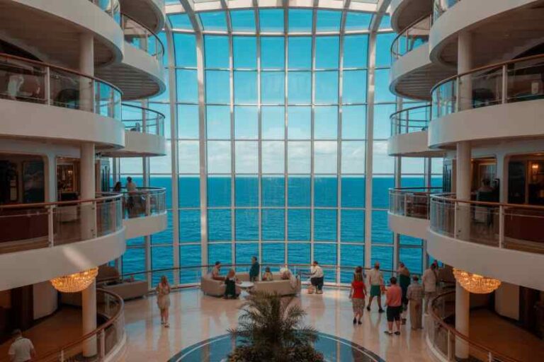 Cruise ship atrium with glass wall overlooking the ocean, guests walking and chatting on curved balconies.