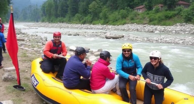 Group of hikers wearing helmets riding a bright yellow inflatable raft by a rocky riverbank, getting ready for a rafting trip.