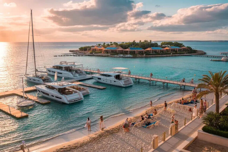 Sunset at a tropical harbor with several luxury yachts docked, a wooden pier, and sunbathers on the sandy beach.