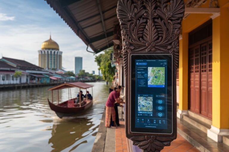 Touchscreen information kiosk on a carved wooden post beside a canal, with a boat passing by and a golden-domed building in the background.