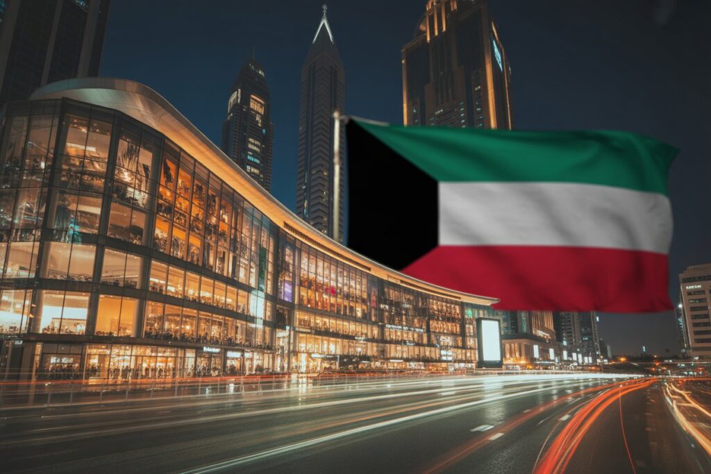Nighttime cityscape with a curved glass-front mall and a large Kuwaiti flag in the foreground.