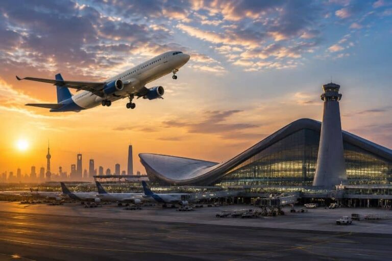 Airplane lifting off from a modern airport terminal at sunset with a city skyline in the distance