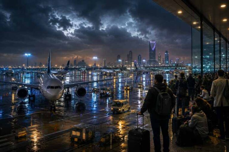 Passengers with luggage waiting at a glass-walled airport terminal as a plane sits on a wet tarmac and city lights glow in the distance.