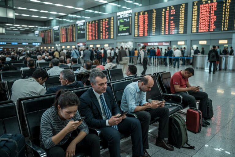Crowded airport terminal with travelers seated and looking at their phones under large departure boards above.