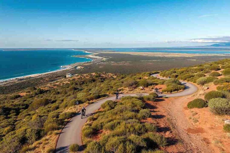Cyclists ride a winding paved trail along a coastal hillside with the blue ocean on the left and a sandy shoreline in the distance.