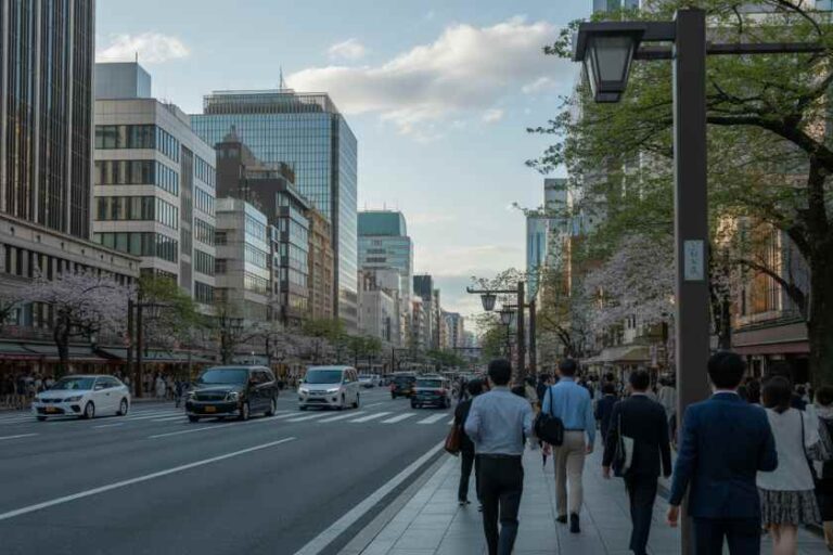 Busy city street with pedestrians on the sidewalk, cars on the road, tall glass buildings, and blooming trees.