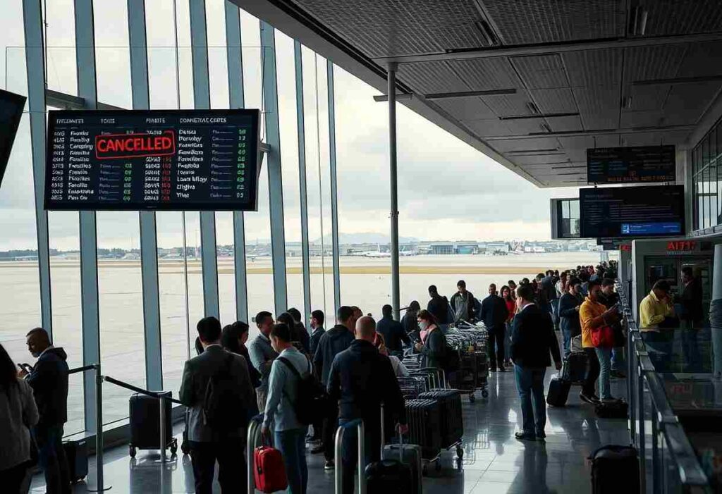 Crowded airport terminal with passengers queuing beside luggage carts and a screen showing 'CANCELLED'.