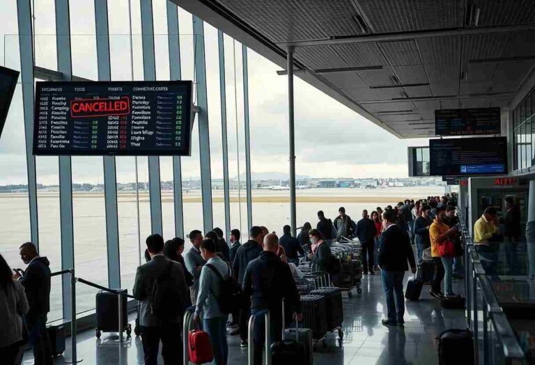 Crowded airport terminal with passengers queuing beside luggage carts and a screen showing 'CANCELLED'.