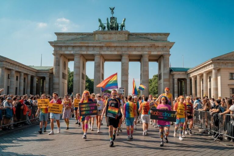 Pride parade marching under Brandenburg Gate in Berlin, people with rainbow flags and colorful signs along a barrier-lined street.