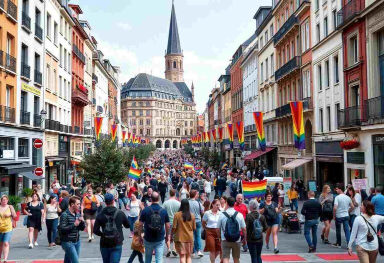 Crowd walking down a European street during a Pride parade with rainbow flags and colorful buildings lining the avenue.
